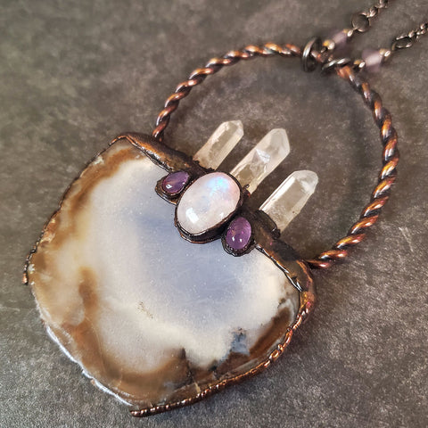 Blue Chalcedony with Quartz Crown, Moonstone, and Amethyst Talisman